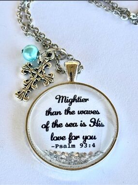 Inspirational Psalm 93:4 Silver Pendant Necklace with Aqua Bead